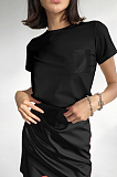 Black Casual Cotton Pure color Short Sleeve Round Neck Ruffle Mid Waist Bodycon Skirt MGN1990