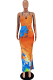 Orange Sexy Polyester Tie Dye Sleeveless V Neck Slip Dress HY5155
