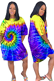 Green Casual Polyester Tie Dye Short Sleeve Round Neck Shift Dress H1203