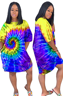 Yellow Casual Polyester Tie Dye Short Sleeve Round Neck Shift Dress H1203