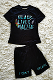 Black Casual Letter Short Sleeve Round Neck Tee Top Shorts Sets HY5153