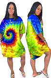 Red Casual Polyester Tie Dye Short Sleeve Round Neck Shift Dress H1203