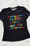 Black Casual Polyester Letter Short Sleeve Round Neck Tee Top HY5154