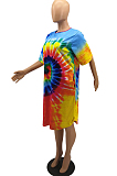 Green Casual Polyester Tie Dye Short Sleeve Round Neck Shift Dress H1203