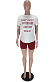 Gray Casual Polyester Letter Short Sleeve Round Neck Tee Top Shorts Sets LMM8155