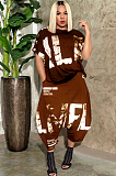 Black Casual Polyester Letter Short Sleeve Round Neck Utility Blouse Wide Leg Pants Sets OMY8055