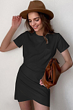 Purple Casual Cotton Pure color Short Sleeve Round Neck Ruffle Mid Waist Bodycon Skirt MGN1990