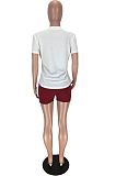 Wine Red Casual Polyester Letter Short Sleeve Round Neck Tee Top Shorts Sets LMM8155