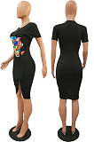Black Casual Polyester Short Sleeve Round Neck Pleated Mid Waist Long Dress BM7091