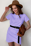 Rose Red Casual Cotton Pure color Short Sleeve Round Neck Ruffle Mid Waist Bodycon Skirt MGN1990