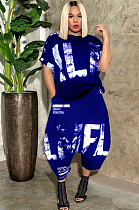 Blue Casual Polyester Letter Short Sleeve Round Neck Utility Blouse Wide Leg Pants Sets OMY8055