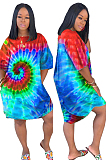 Yellow Casual Polyester Tie Dye Short Sleeve Round Neck Shift Dress H1203