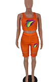 Orange Casual Polyester Mouth Graphic Sleeveless Scoop Neck Ripped Tank Top High Waist Shorts Sets WJ5094