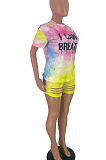 Green Casual Polyester Tie Dye Letter Short Sleeve Round Neck Ripped Tee Top Shorts Sets WJ5096