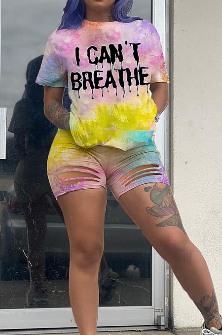 Yellow Casual Polyester Tie Dye Letter Short Sleeve Round Neck Ripped Tee Top Shorts Sets WJ5096