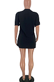 Black Casual Polyester Letter Short Sleeve Round Neck Shift Dress WJ5092