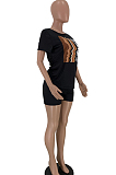 Black Casual Polyester Letter Short Sleeve Round Neck Tee Top Shorts Sets LY5834