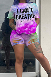 Green Casual Polyester Tie Dye Letter Short Sleeve Round Neck Ripped Tee Top Shorts Sets WJ5096