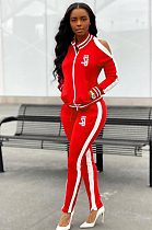 Red Casual Polyester Long Sleeve Utility Blouse Long Pants Sets BM7050