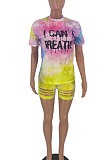Purple Casual Polyester Tie Dye Letter Short Sleeve Round Neck Ripped Tee Top Shorts Sets WJ5096