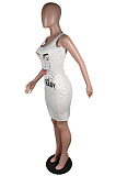 White Casual Figure Graphic Sleeveless Square Neck Shift Dress C3006