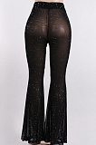Black Casual Polyester Mesh Beaded Mid Waist Long Pants FLY93056