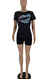 Black Casual Polyester Mouth Graphic Short Sleeve Round Neck Tee Top Shorts Sets LY5840