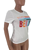 White Casual Polyester Letter Short Sleeve Round Neck Tee Top WJ5095
