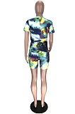 Yellow Casual Polyester Tie Dye Cartoon Graphic Short Sleeve Round Neck Top Shorts Sets BM7081
