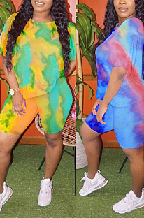 Yellow Casual Polyester Tie Dye Short Sleeve Round Neck Tee Top Shorts Sets LSN758
