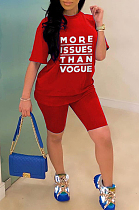 Red Casual Polyester Letter Short Sleeve Round Neck Tee Top Shorts Sets YSS8015