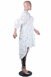 White Elegant Polyester Long Sleeve Stand Collar Buttoned Tassel Hem Long Dress BM7025
