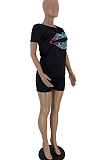 Black Casual Polyester Mouth Graphic Short Sleeve Round Neck Tee Top Shorts Sets LY5840