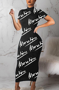 Black Casual Polyester Letter Short Sleeve Round Neck Mid Waist Long Dress BM7053