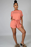 Blue Casual Polyester Striped Short Sleeve Round Neck Tee Top Shorts Sets BM7080