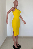 Yellow Sexy Polyester Sleeveless Round Neck Split Hem High Waist Tank Dress YSS8019