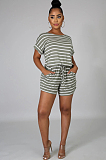 Yellow Casual Polyester Striped Short Sleeve Round Neck Tee Top Shorts Sets BM7080