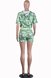 Green Casual Polyester Camo Half Sleeve Round Neck Hoodie Shorts Sets BM7002
