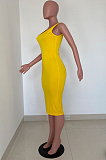 Yellow Sexy Polyester Sleeveless Round Neck Split Hem High Waist Tank Dress YSS8019