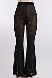 Black Casual Polyester Mesh Beaded Mid Waist Long Pants FLY93056
