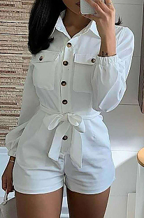 White Casual Polyester Long Sleeve Buttoned Waist Tie Overall Jumpsuit BM7067