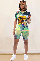 Fluorescent Green Casual Polyester Tie Dye Cartoon Graphic Short Sleeve Round Neck Top Shorts Sets BM7081
