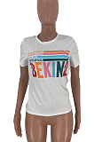 White Casual Polyester Letter Short Sleeve Round Neck Tee Top WJ5095
