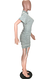 Black Casual Polyester Short Sleeve Round Neck Pleated Mid Waist Mini Dress LYY9252