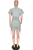 Gray Casual Polyester Short Sleeve Round Neck Pleated Mid Waist Mini Dress LYY9252