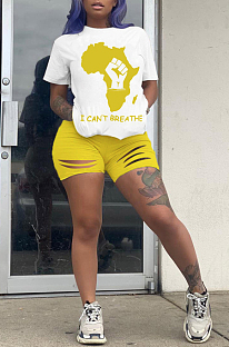 Yellow Casual Polyester Letter Short Sleeve Round Neck Ripped Tee Top Shorts Sets TZ1126
