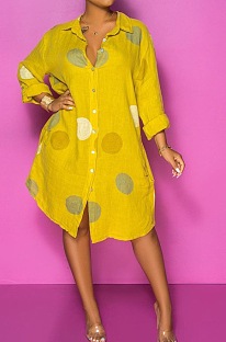 Yellow Casual Polyester Polka Dot Long Sleeve Shirt Dress C3007