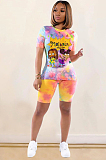Red Casual Polyester Tie Dye Cartoon Graphic Short Sleeve Round Neck Top Shorts Sets BM7081