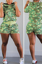 Green Casual Polyester Camo Half Sleeve Round Neck Hoodie Shorts Sets BM7002