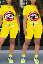 Yellow Casual Polyester Mouth Graphic Short Sleeve Round Neck Tee Top Shorts Sets TZ1096